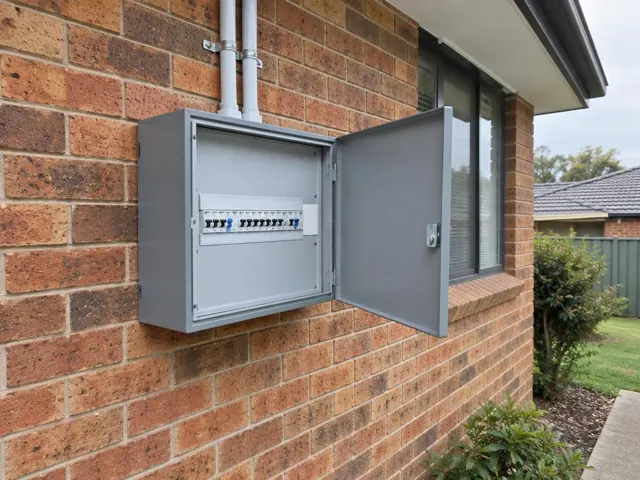 Open grey switchboard cabinet on a brick exterior wall beside a window in North Rocks